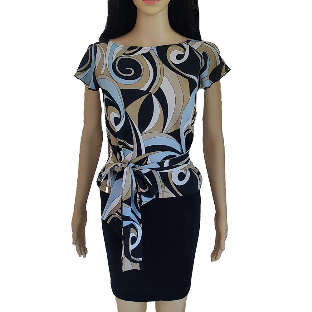 Abstract Multicolor Ruffle Belted Top M - Picture 5 of 12